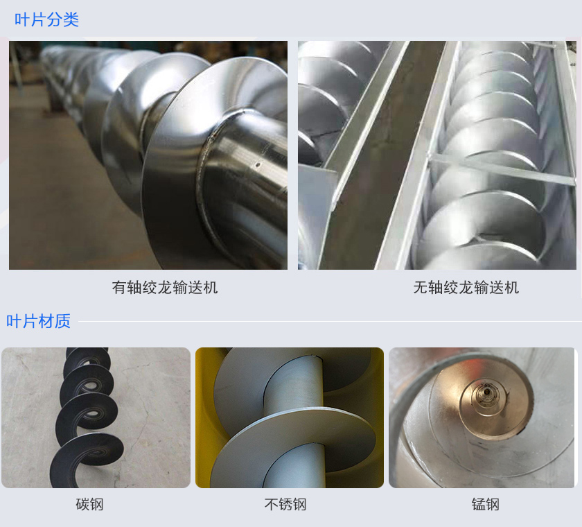 絞龍輸送機分為有軸和無軸絞龍輸送機，可根據(jù)物料不同選擇有碳鋼、不銹鋼、錳鋼等材質(zhì)。