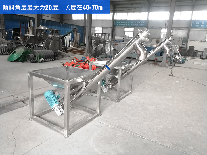 GX型絞龍輸送機傾斜角度最大為20度，長度在40-70m